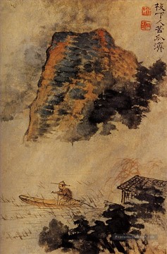 Shitao les pêcheurs dans la falaise 1693 vieille encre de Chine Peinture à l'huile
